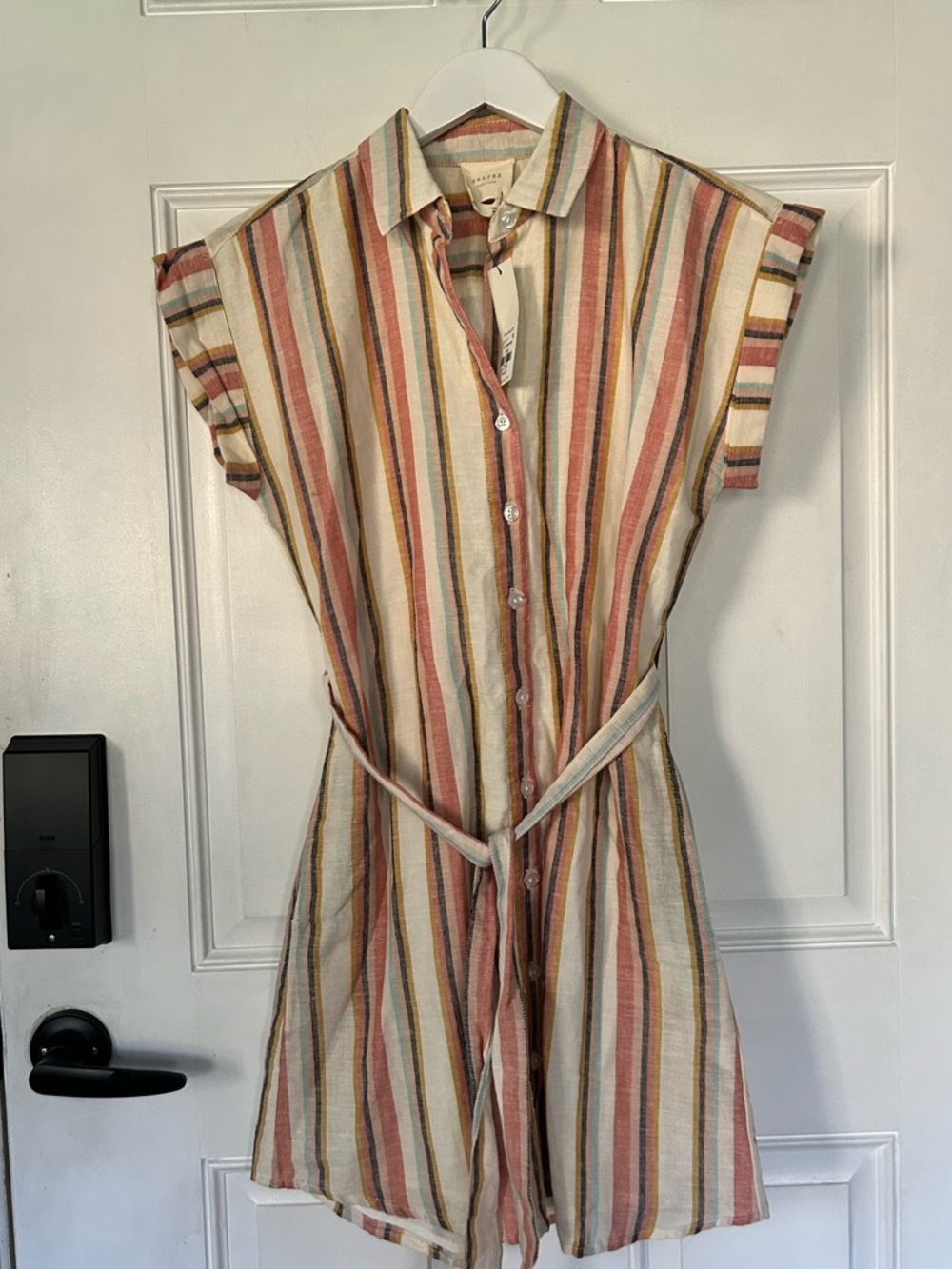 Striped Button-Front Mini Dress with Tie Waist in Cream Multi